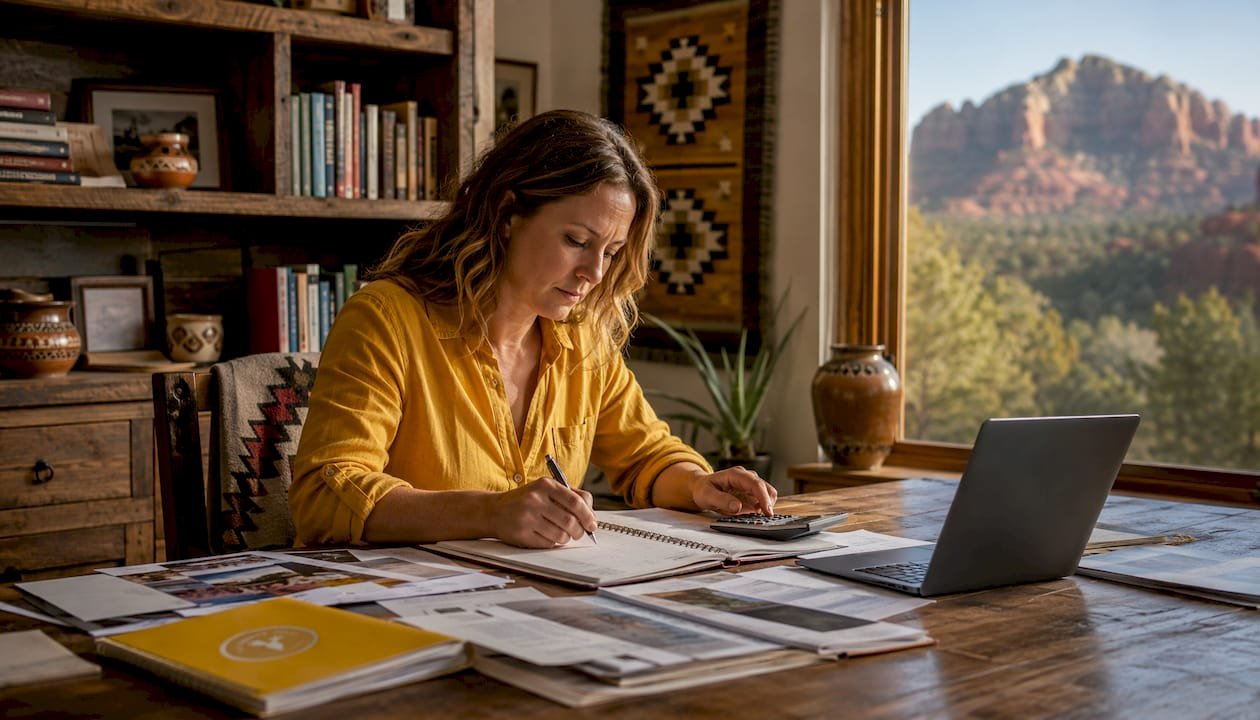 Hands calculating Sedona rental payout