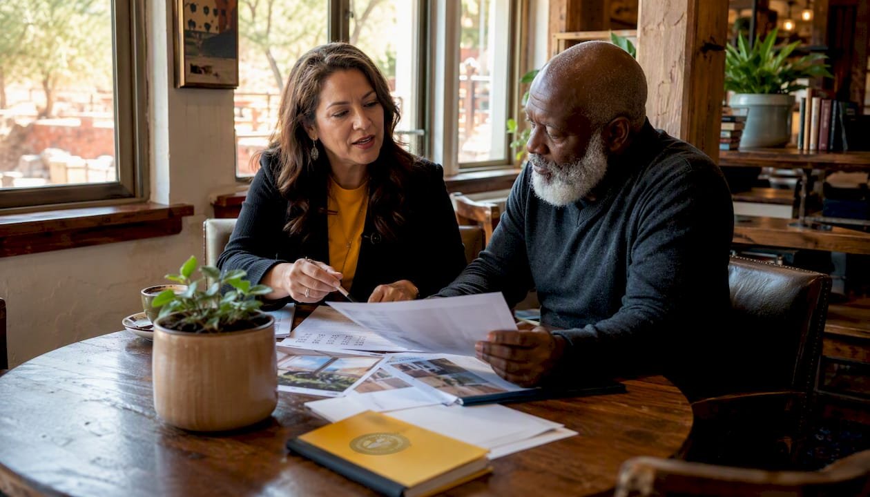 Two agents discussing Sedona real estate brochures
