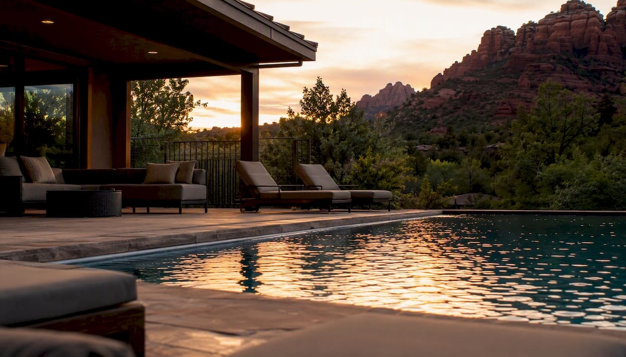 Private pool and patio with red rocks in background