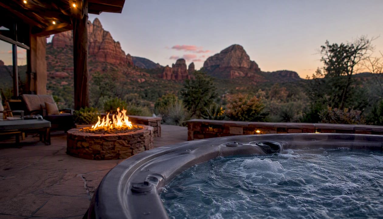 Sedona rental patio with hot tub and fire pit at dusk