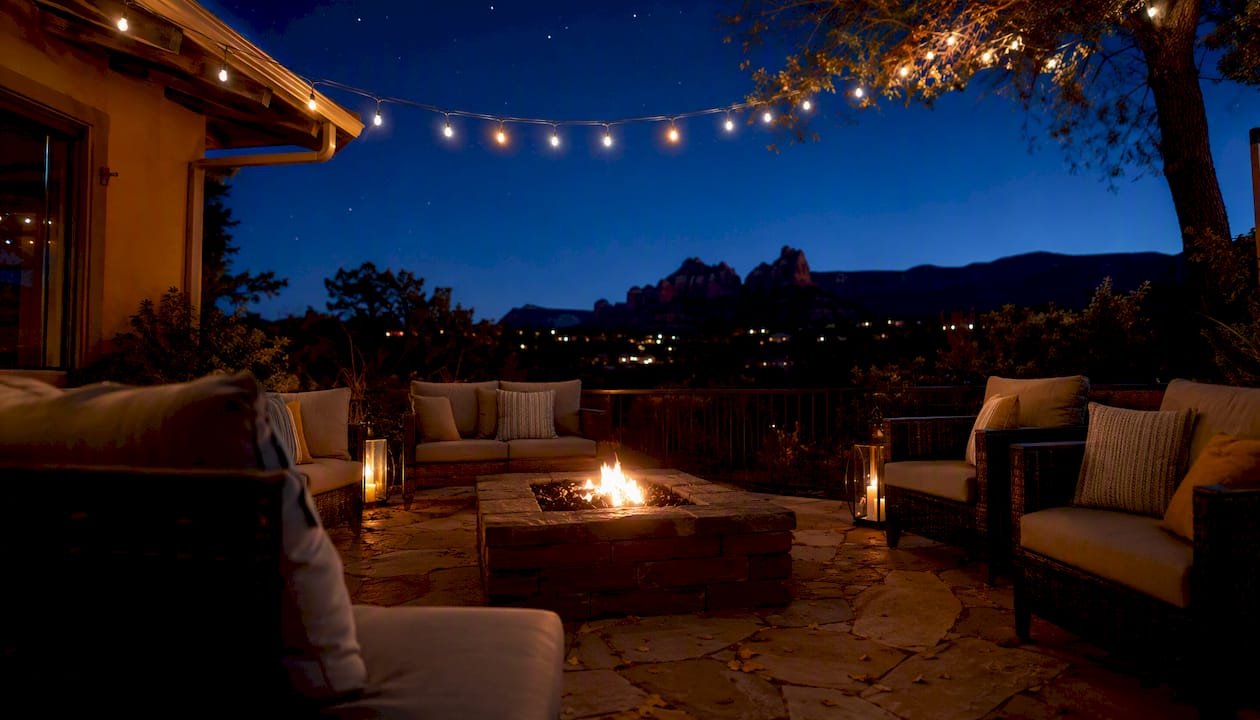 Sedona rental patio with fire pit and warm layered lighting