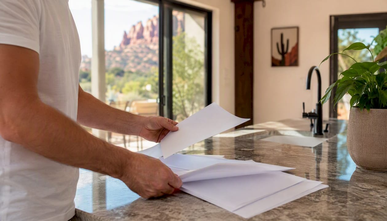 Hands organizing rental payout statements and calendar
