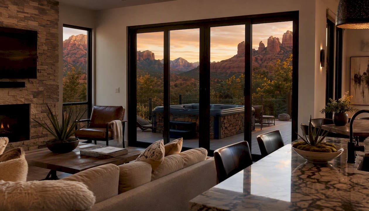 Stylish Sedona rental interior with hot tub view