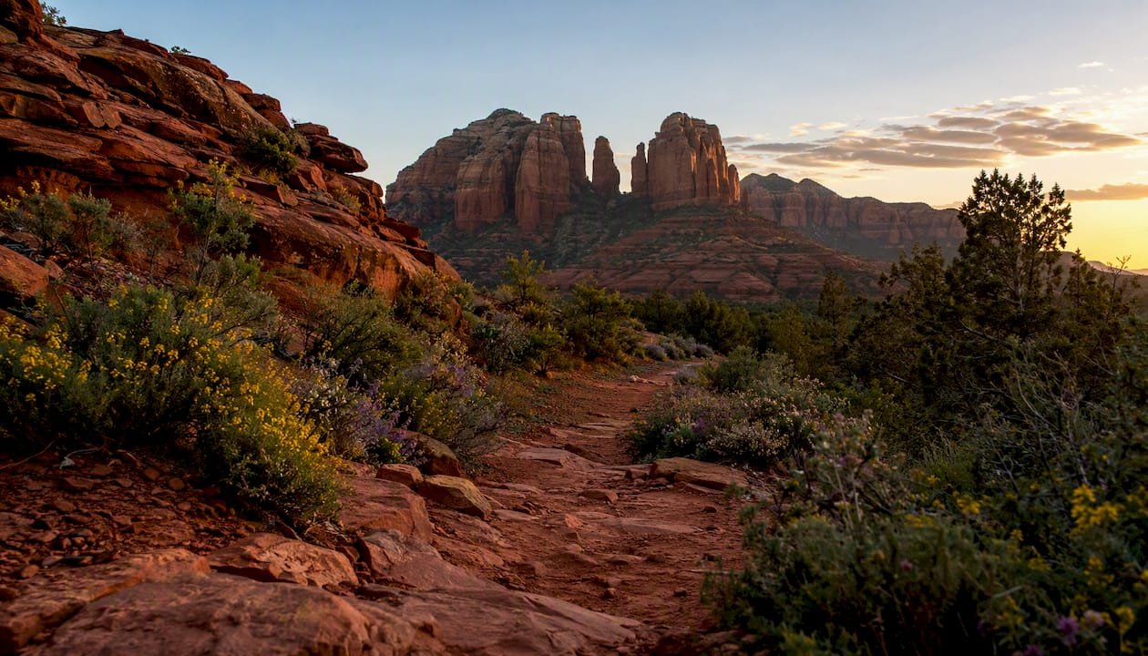Sedona red rock hiking trail in spring