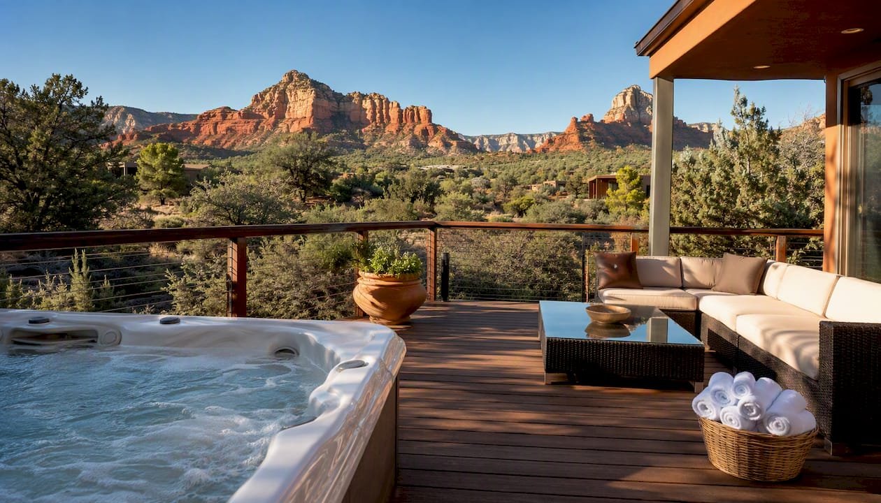 Sedona rental patio with hot tub and red rock view
