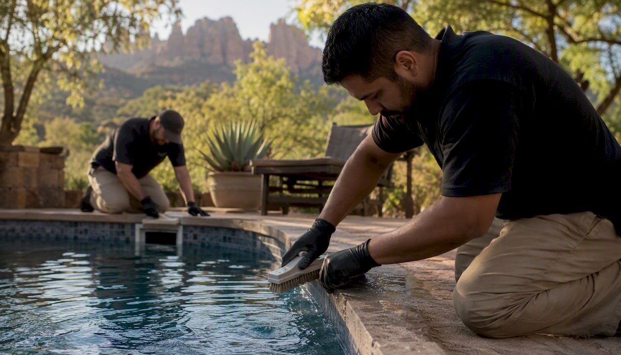 Cleaning crew servicing Sedona pool area