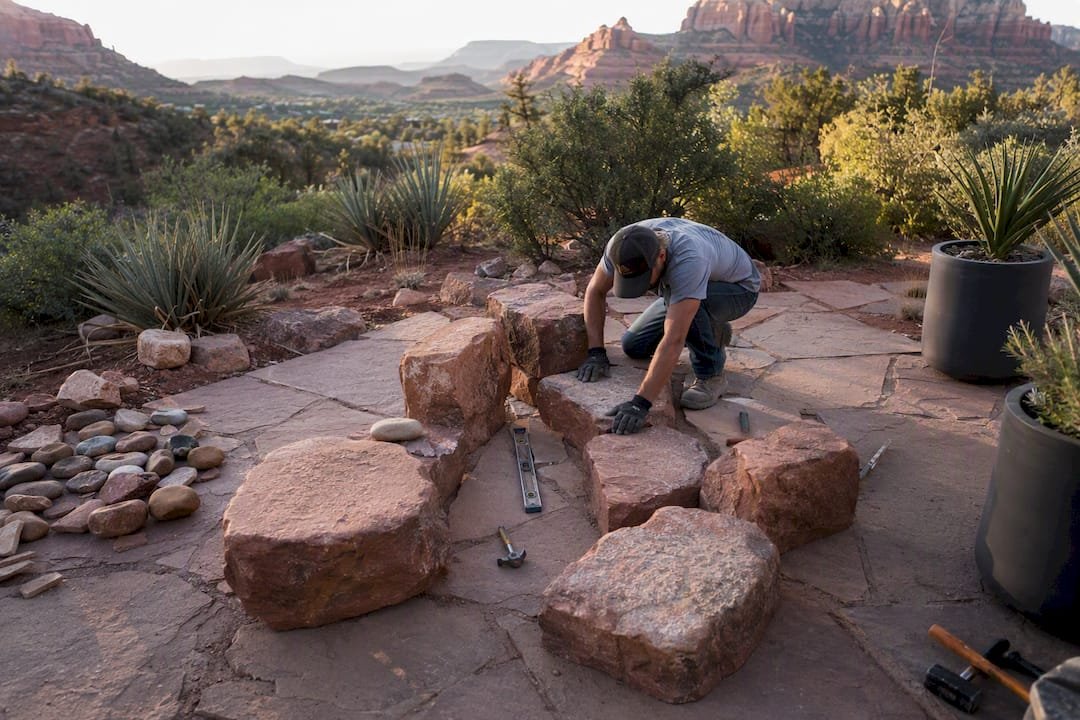 Sedona landscape crew building stone fire pit