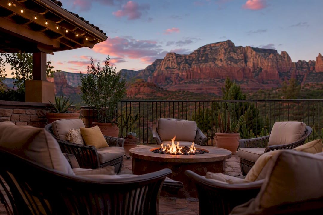 Outdoor lounge chairs facing red rocks at dusk