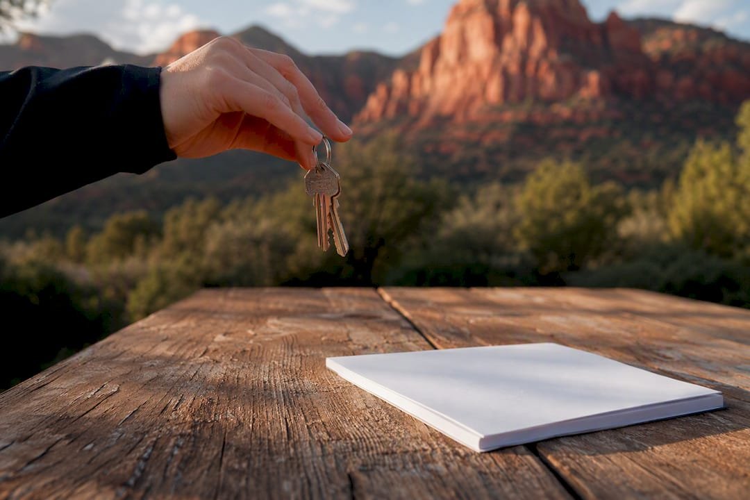 Hand passing rental property keys outdoors