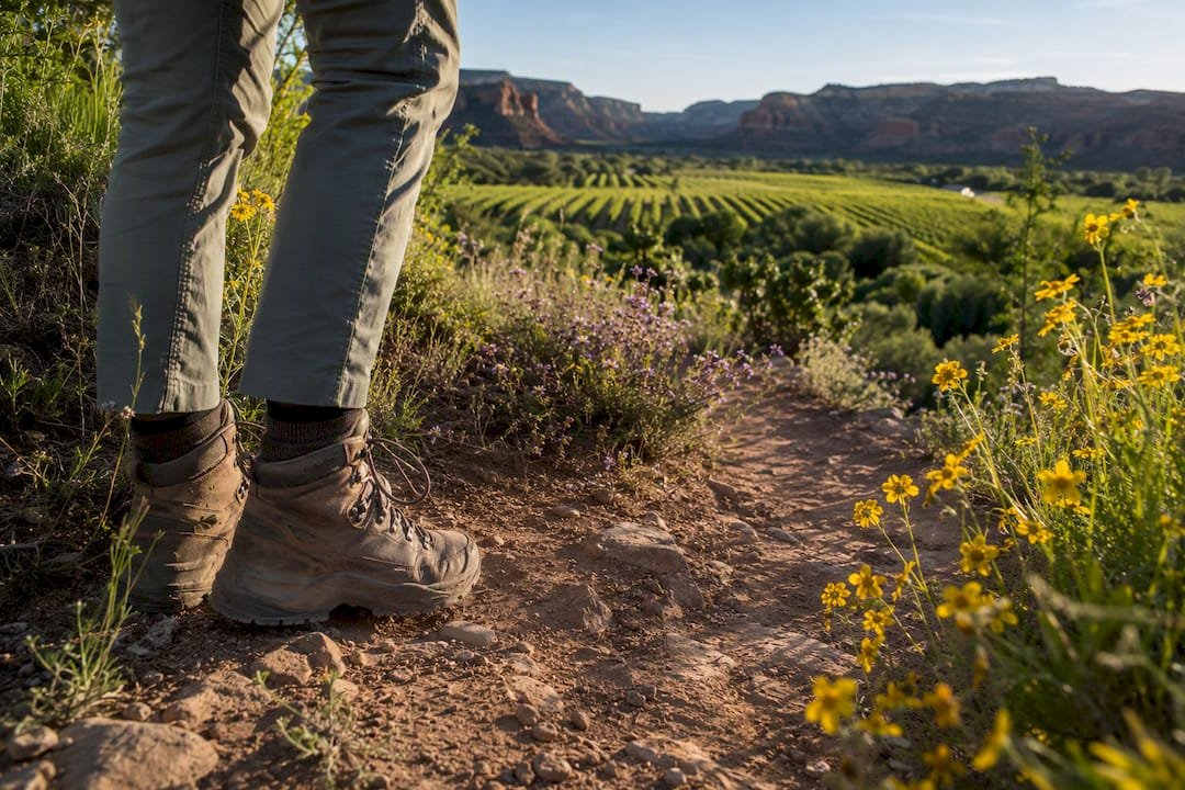 Spring hiking trail near vineyards in Cornville