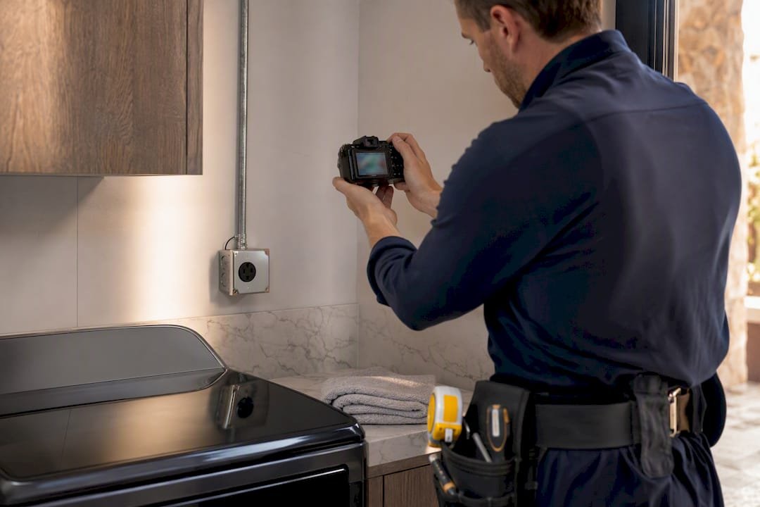 Engineer photographing rental electrical components