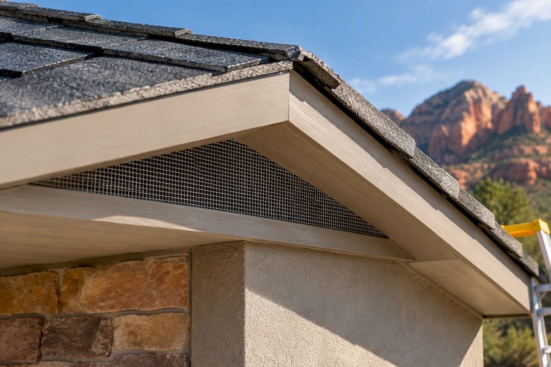 Screened attic vent beneath closed eave