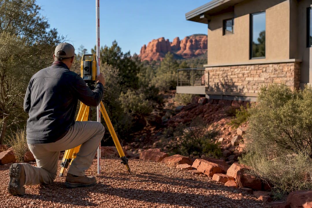 Surveyor measuring home elevation near wash