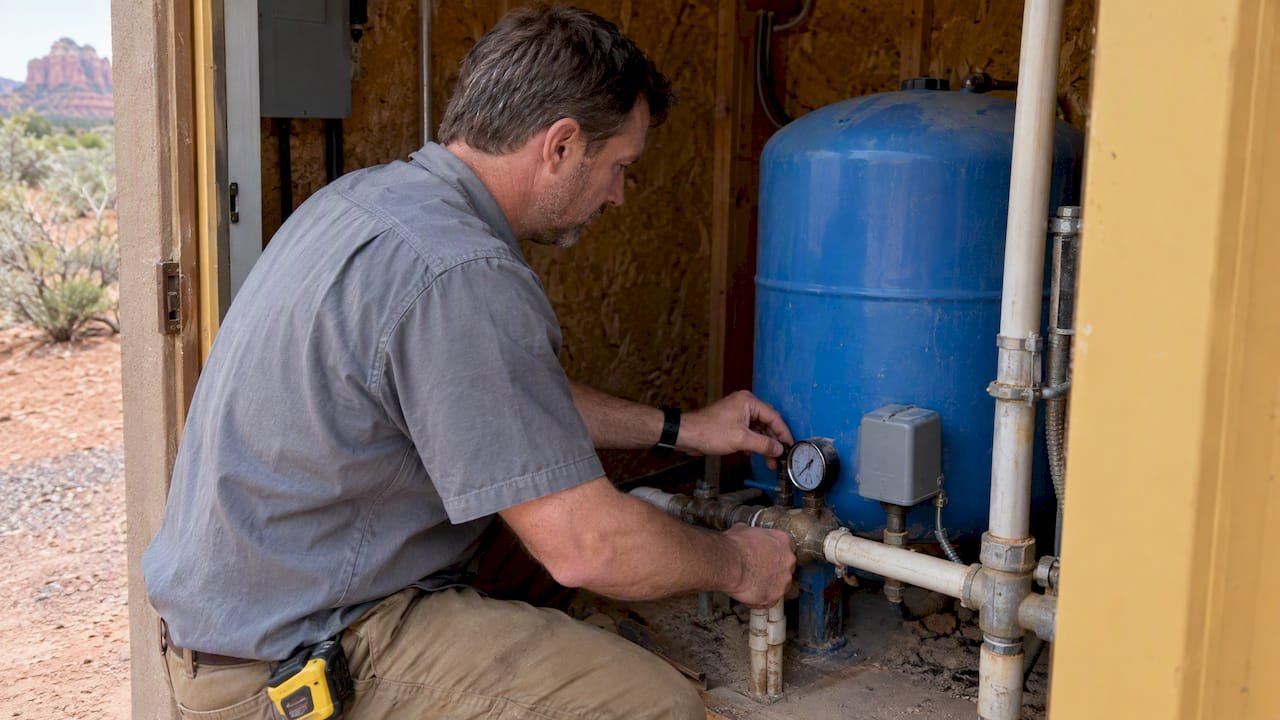 Inspector checking well equipment at Sedona rental