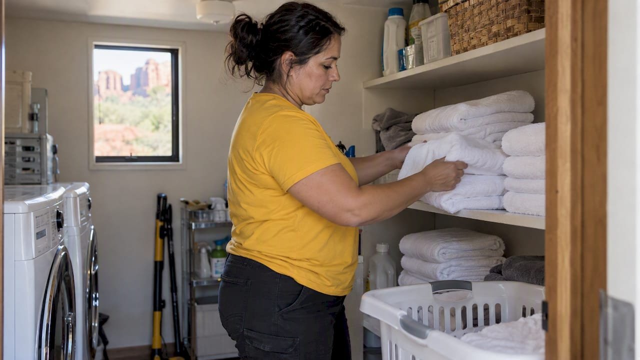 Cleaner preparing towels during a Sedona rental turnover